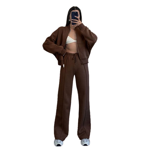 Women's Clothing Autumn and winter new solid color zipper cardigan sweatshirt women's fashion casual straight pants suit_voghion.com