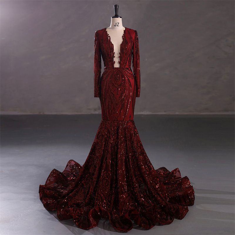 Women's Clothing Temperament Party V Neck Sequin Banquet Hip Wrapped Fishtail Trailing Evening Dress Royal Blue Dress_voghion.com