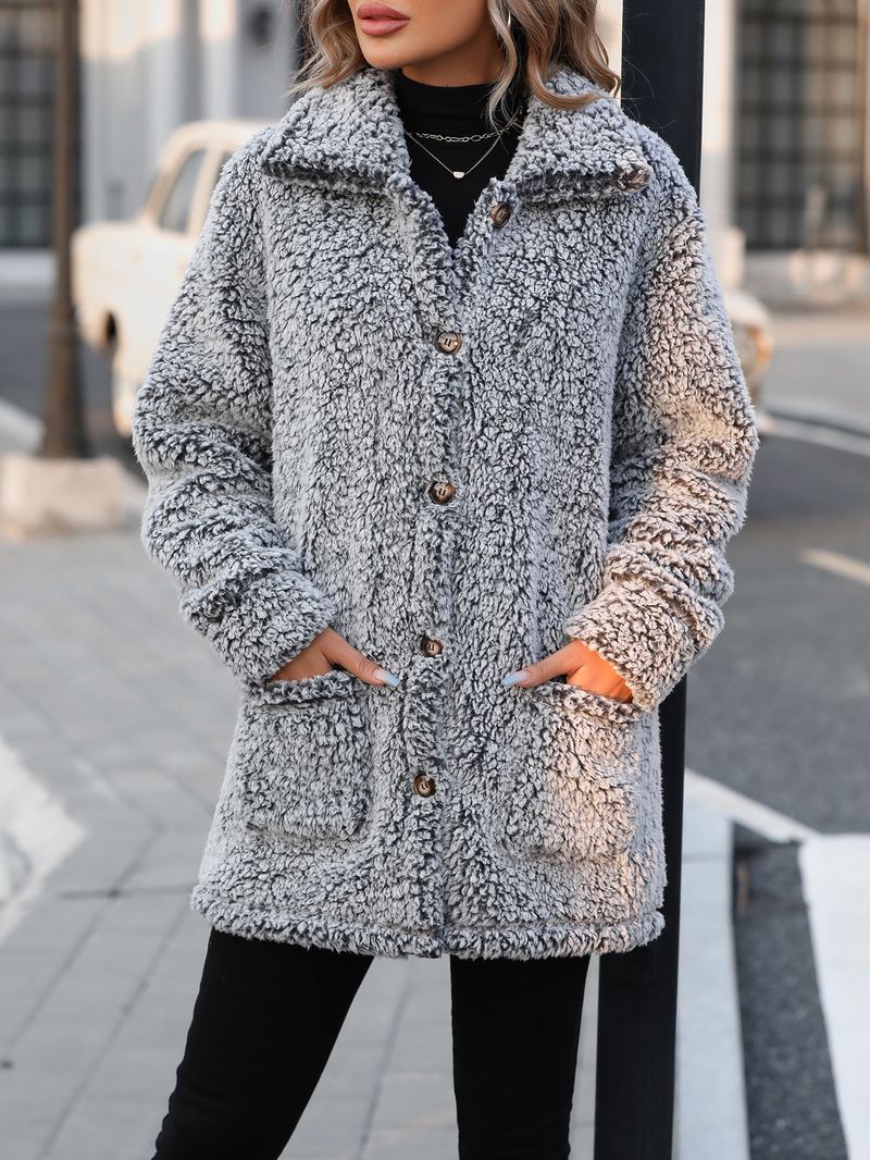 Damenbekleidung Flash Samt lässig locker Revers einreihig mittellang Strickjacke_voghion.com