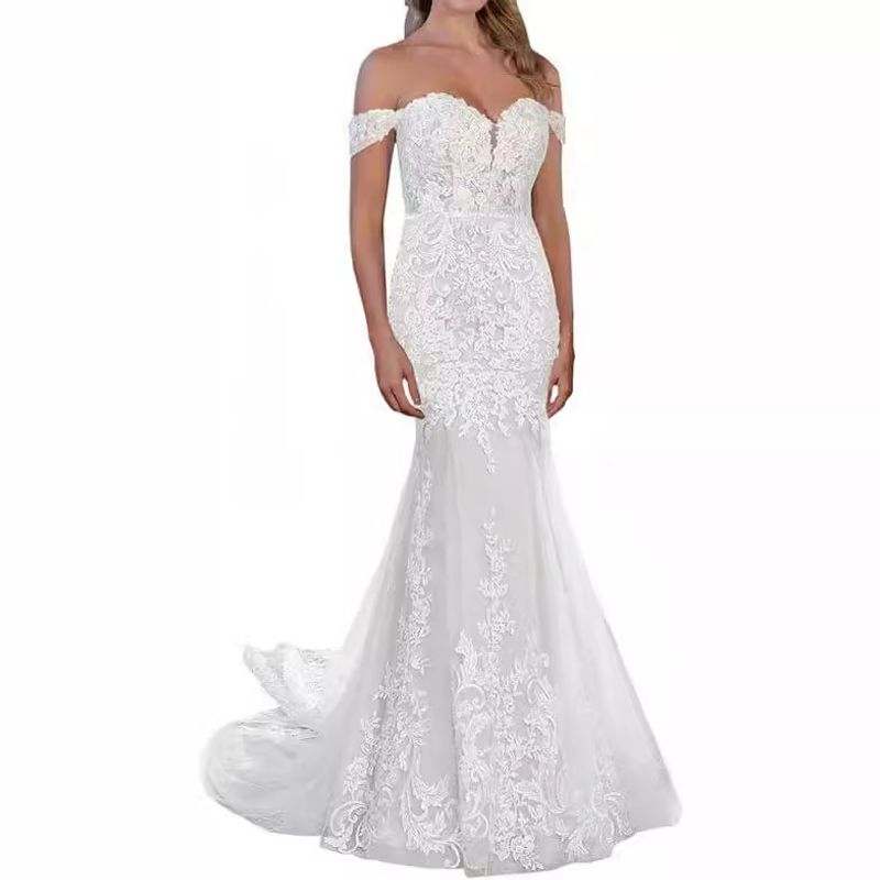 Robe de mariée à manches courtes en queue de poisson pour femme, nouvelle mariée en dentelle, col en V profond, queue légère, perspective, bras de couverture, tempérament_voghion.com