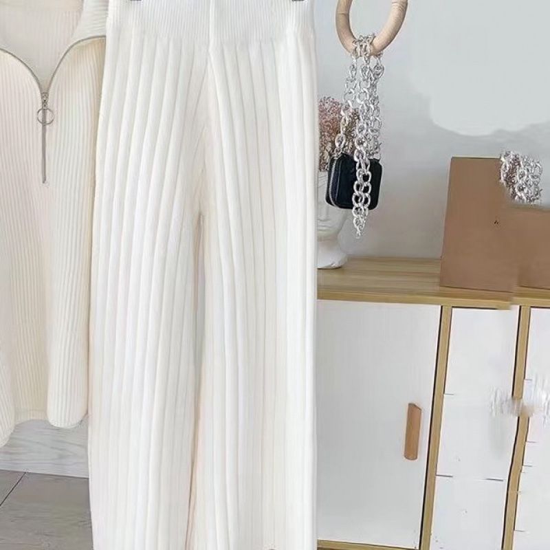 Women’s Clothing leg pants for women autumn and winter new white thickened knitted outer wear high waist loose straight mopping casual trousers_voghion.com