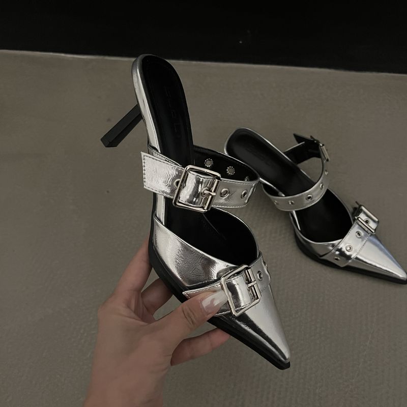 Fibbia della cintura a punta, fibbia della cintura con tacco sottile, scarpa singola, parte superiore della borsa da donna, sandali con tacco alto cavo sul retro argento_voghion.com