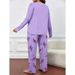 Große Damen-Pyjamas, Set mit langen Ärmeln und Hose, süßer Pullover mit lila Schmetterlingsdruck, lässige Loungewear, zweiteilig._voghion.com