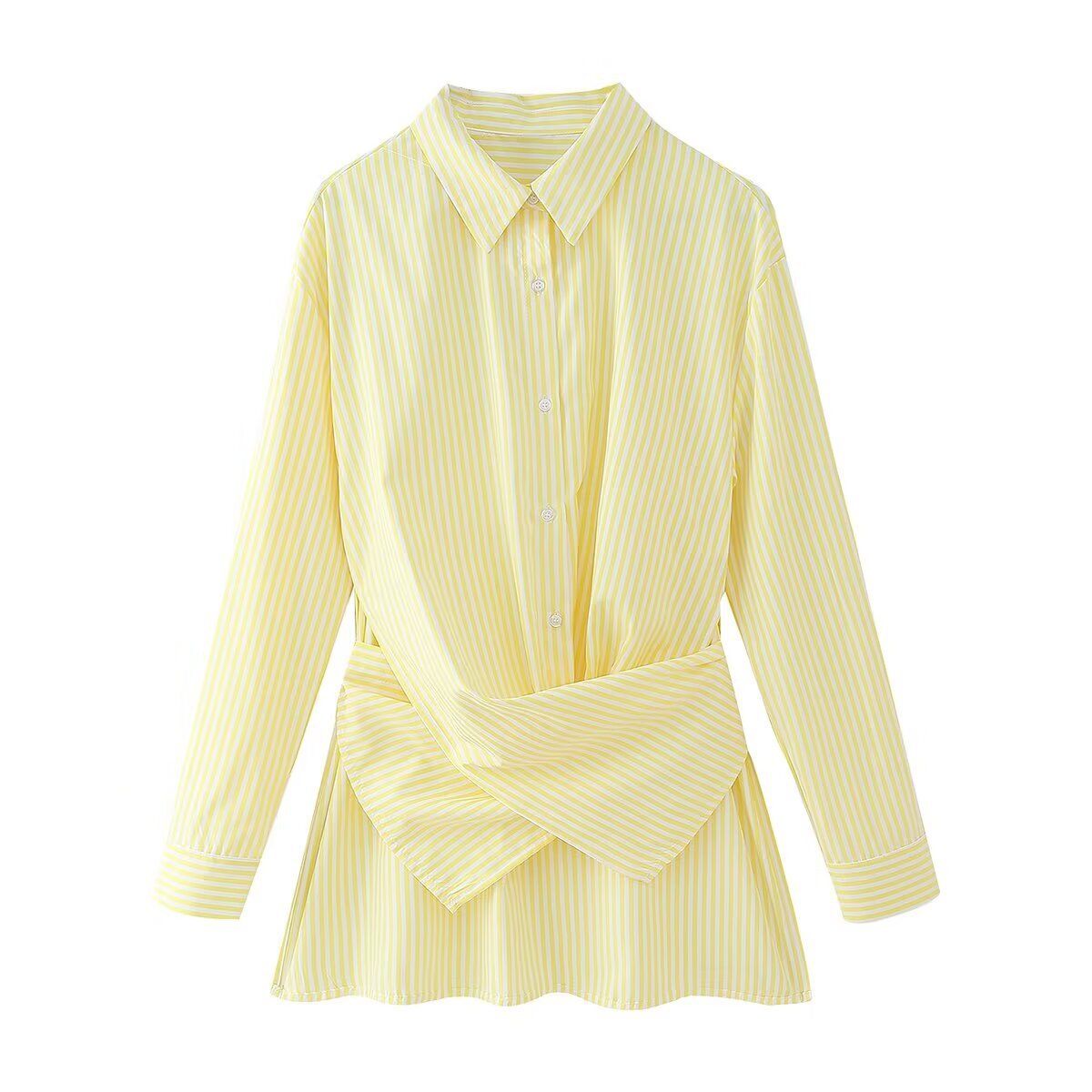 Camicia a maniche lunghe ampia con motivo a righe e nodo avvolgente, nuova di zecca, da donna_voghion.com