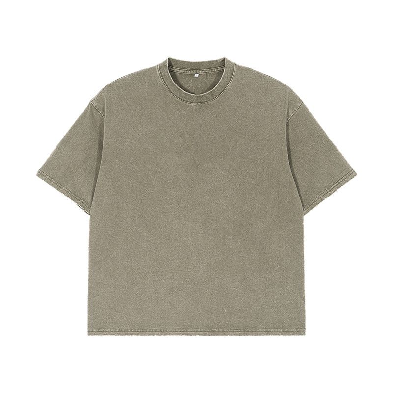 Men's Clothing Trendy Brand Heavy Washed Distressed T Shirt American Retro Solid Color Loose Drop Shoulder Men's Short Sleeve_voghion.com