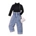 Abbigliamento per bambini e bambine, tinta unita, a maniche lunghe, con collo alto, pantaloni in denim arricciati, set da due pezzi_voghion.com