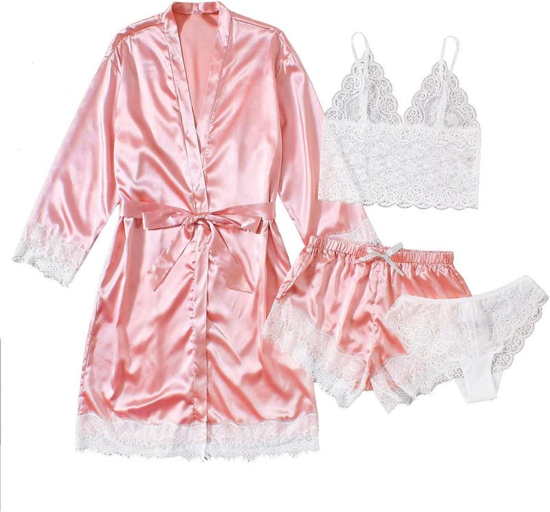 Conjunto de pijama feminino SOLY HUX com estampa de cetim de manga comprida e shorts para dormir_voghion.com