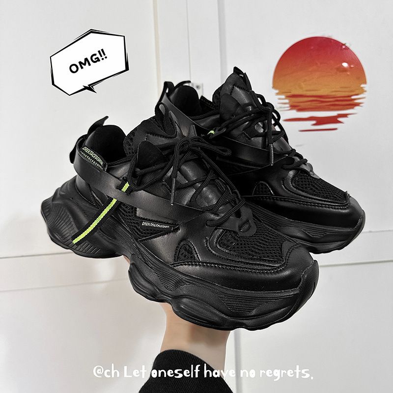 Women's Black Dad Shoes Trend Summer Breathable New Versatile Ins Super Popular Thick Sole Sneakers_voghion.com