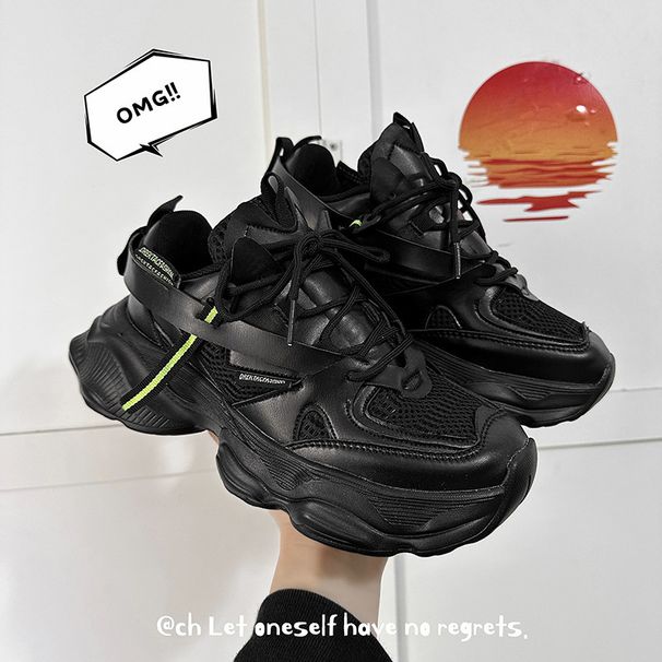 Women's Black Dad Shoes Trend Summer Breathable New Versatile Ins Super Popular Thick Sole Sneakers_voghion.com