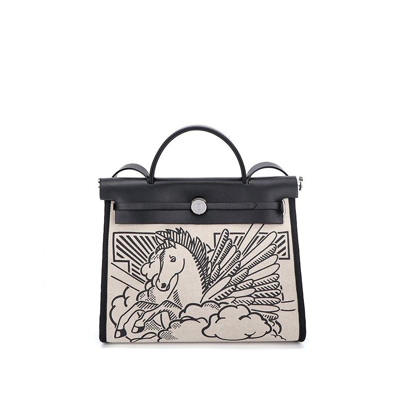 Maidudu Women's 2021 New Pentium Pegasus Genuine Leather With Canvas Large Capacity Kelly Handheld Shoulder Bag_voghion.com