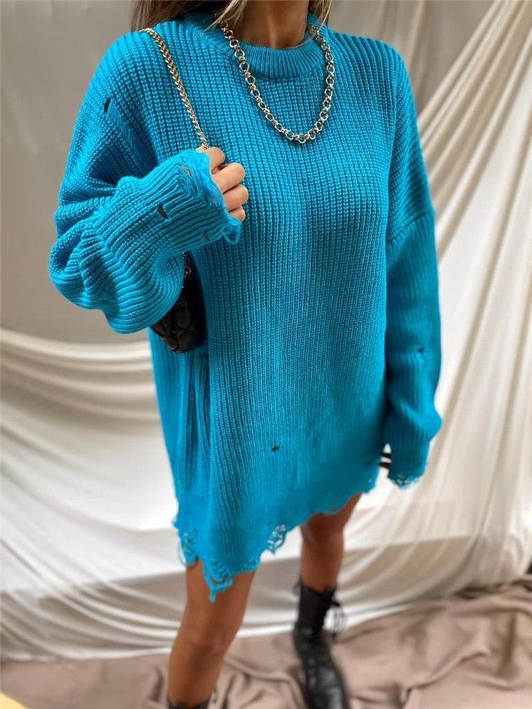 Lockerer, einfarbiger, zerrissener Pullover, mittellanger Rundhalspullover Herbst/Winter 2021, langärmeliger Strickpullover für Damen_voghion.com