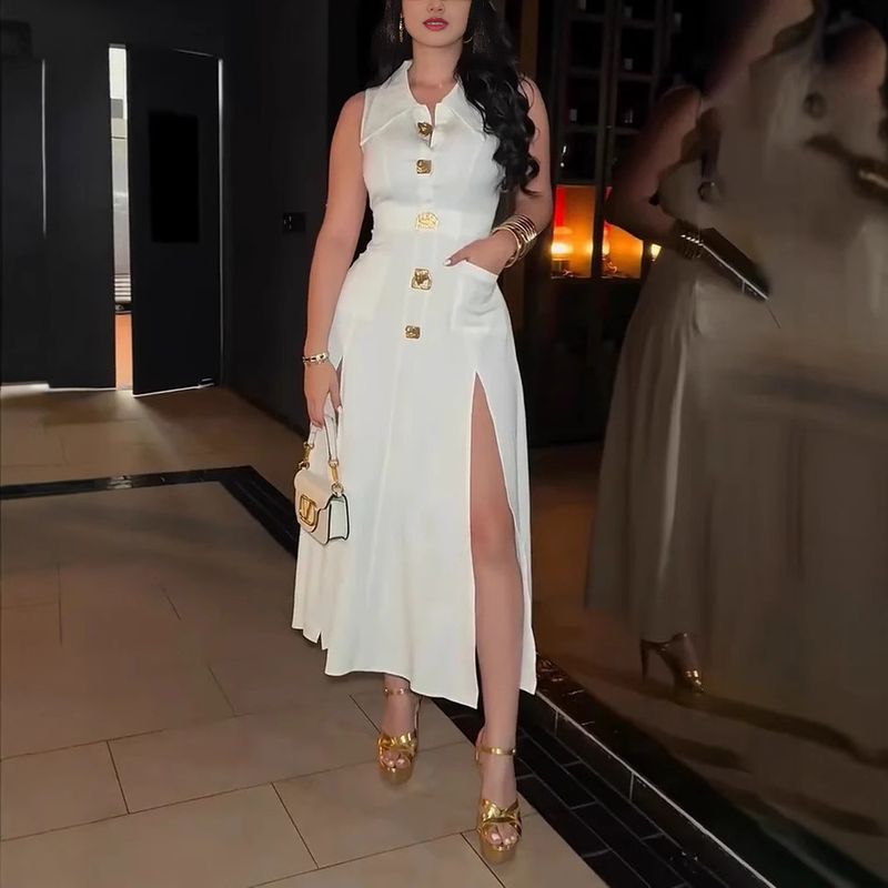 Women's Elegant Solid Color Slit Dress - Summer New Fashion, Comfortable & Stylish​_voghion.com