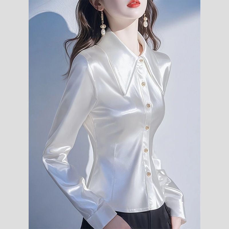 Camicia professionale in raso a maniche lunghe bianca da donna_voghion.com
