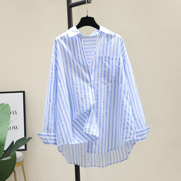 Camicia a righe stampate in cotone da donna, modello primavera 2024, ampia e a maniche lunghe, ideale per vestirsi a strati._voghion.com
