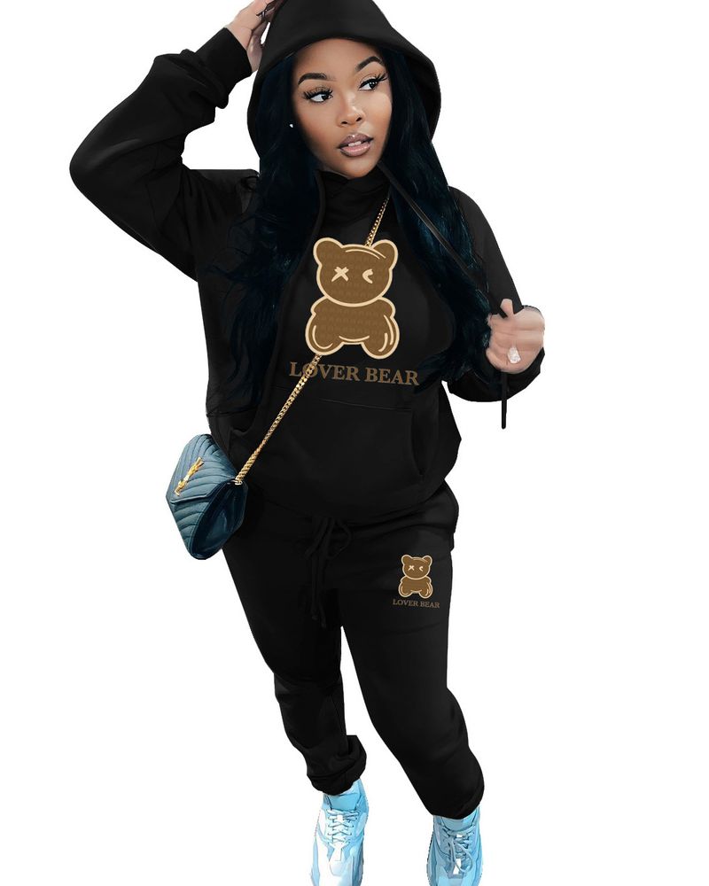 Ensemble à capuche pour femmes, ensemble de pantalons de survêtement imprimés tête d'ours_voghion.com