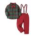 New Boys' Fashionable Checkered Suit with Bow Collar Strap Pants Set, Two Piece Set for Small and Medium sized Children_voghion.com