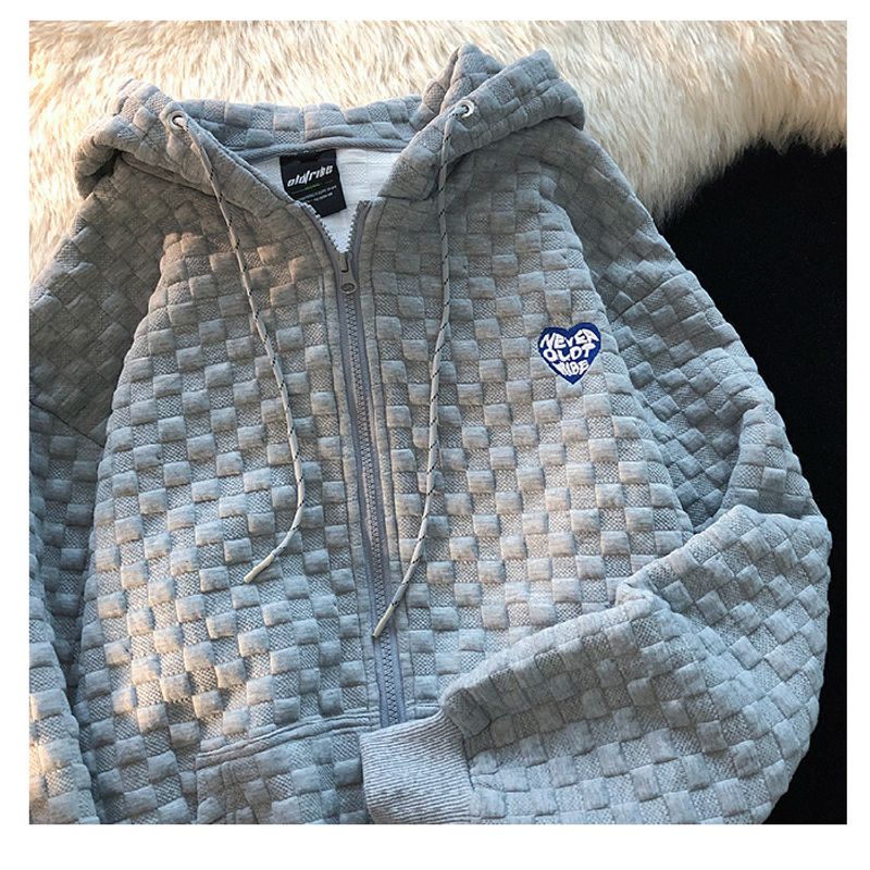 Women's Clothing Hooded waffle zipper sweater jacket women autumn and winter loose plaid cardigan _voghion.com