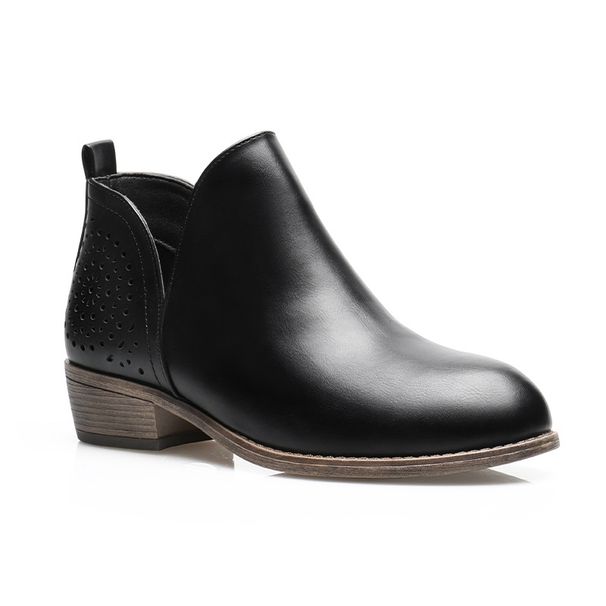Botas curtas femininas de salto grosso e ponta fina, estilo britânico, com costas lisas e vazadas_voghion.com
