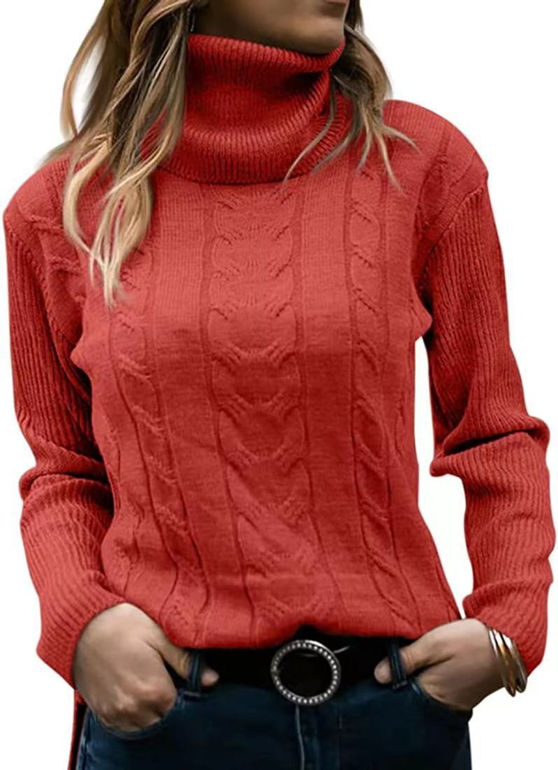 Pull col roulé classique – Tricot rétro à manches longues pour femme, couleurs unies_voghion.com