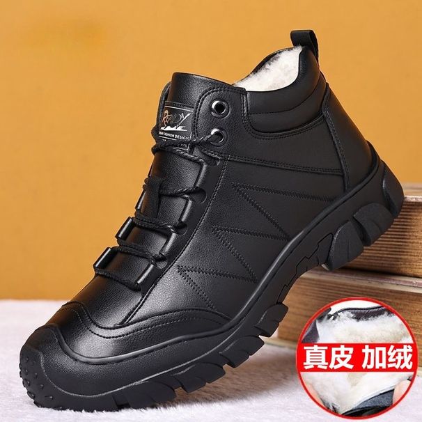 Série Europeia Quente 2025 Algodão Quente Forrado com Lã Espessada Inverno Cano Alto Masculino Couro e Lã Integrados Sapatos_voghion.com