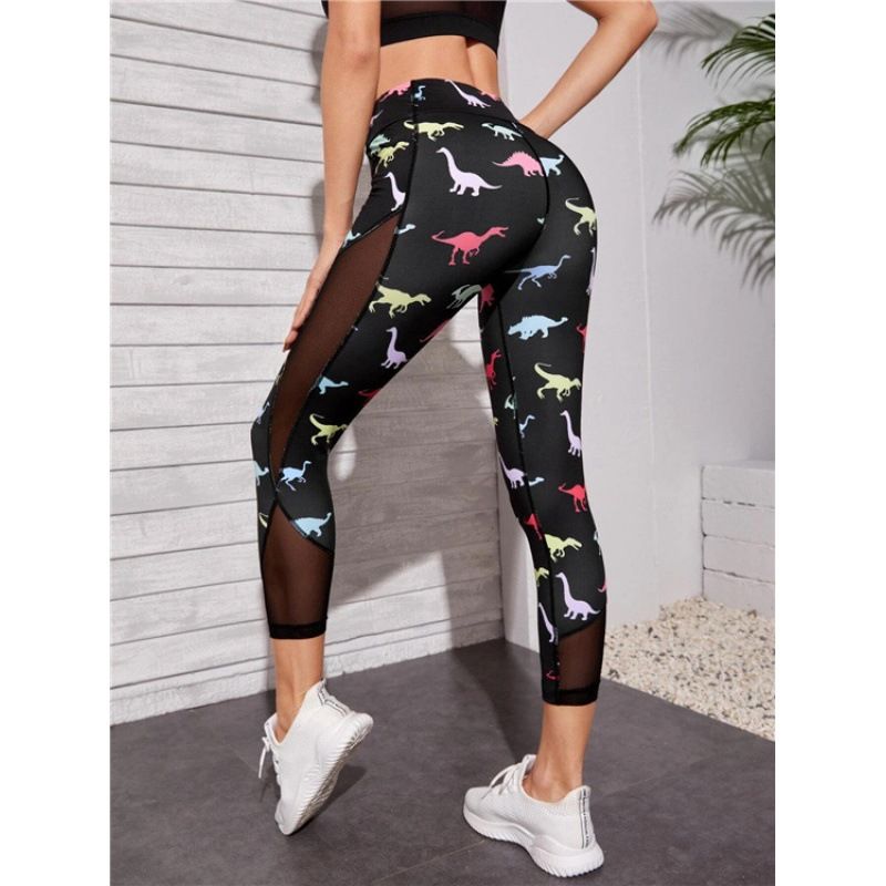Kvinders Yogabukser Farverige Dinosaur Print Leggings Engros YJ660_voghion.com
