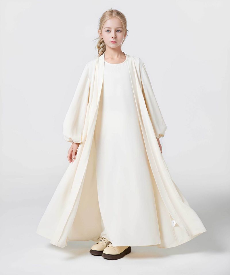 Mother & Kids 2 Piece Set For Girls Middle East Dubai Lantern Sleeve Cardigan Jacket Solid Color Sleeveless Long Skirt_voghion.com