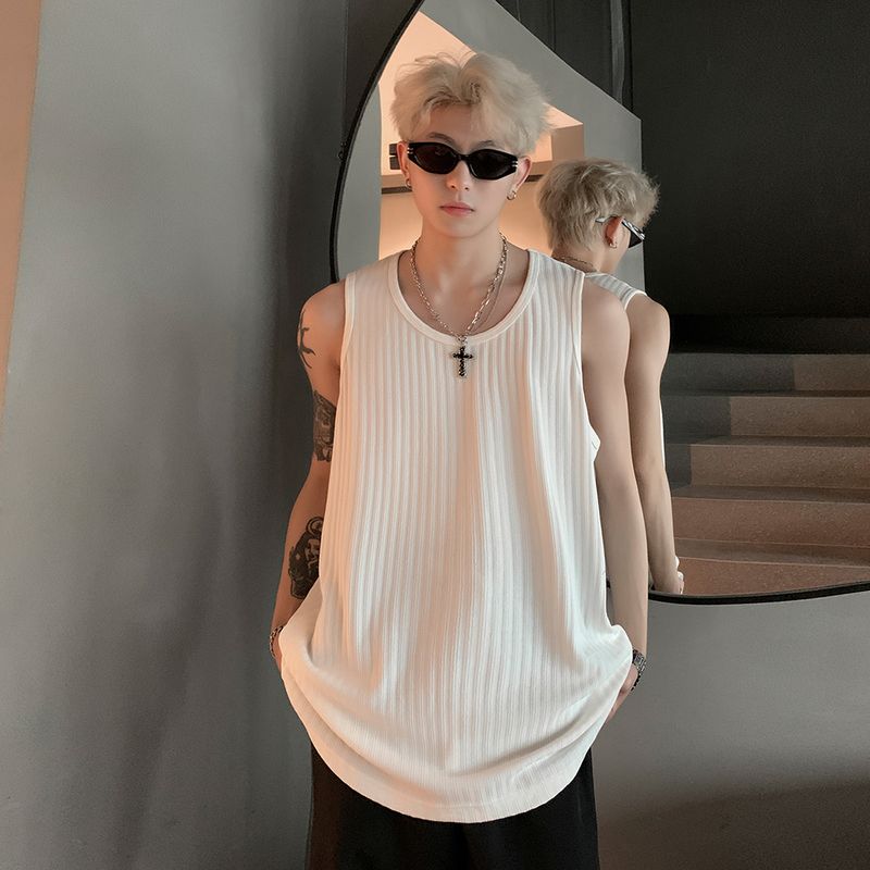 Strukturierte Eisseidenweste für Männer 2025 Sommer Neue Jugendsport Lose Basis Ärmelloses T-Shirt Tank Top_voghion.com