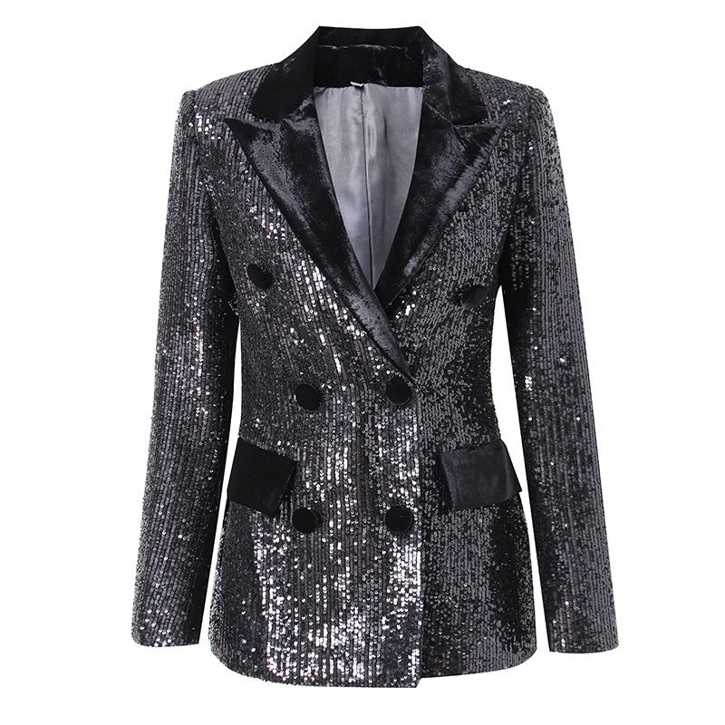 Damenbekleidung Schwarzer Blazer aus Samt mit Pailletten im europäischen und amerikanischen Stil, zweireihig, mittellang, tailliert_voghion.com