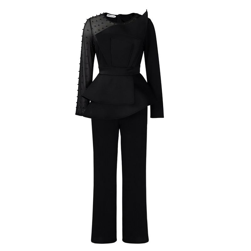Women's Clothing long-sleeved temperament mesh stitching beading slimming banquet large size_voghion.com