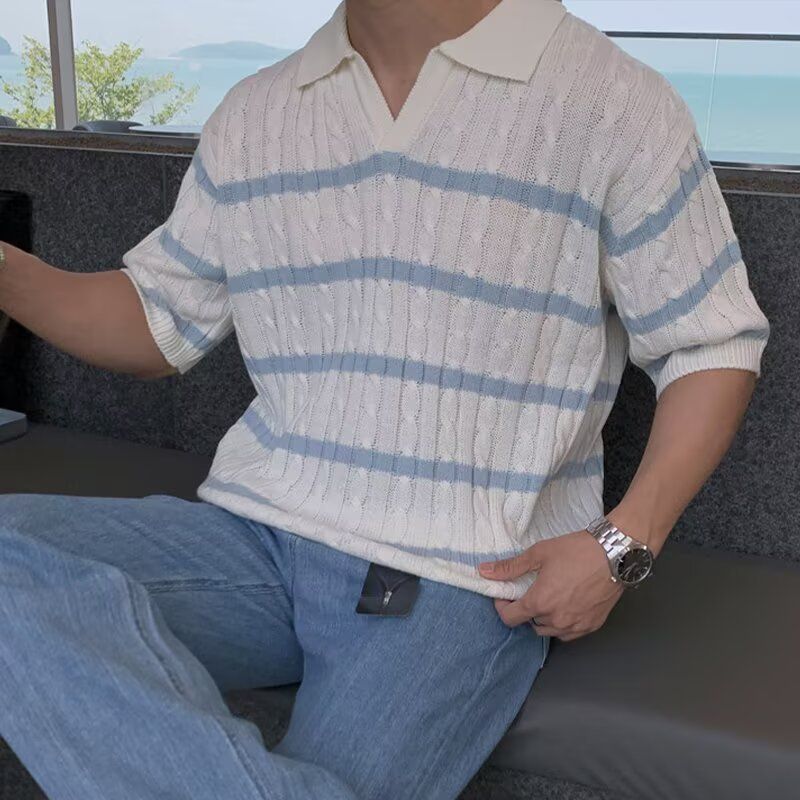 Men's Clothing Summer Blue And White Lapel Polo Shirt Short Sleeved Sweater Men's Loose American Elastic T Shirt Stylish Men's Korean Dongdaemun_voghion.com