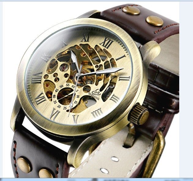 Orologio meccanico automatico scheletrato vintage da uomo con numeri romani, lancette luminose e cinturino in pelle - Resistente all'acqua, cassa in bronzo_voghion.com