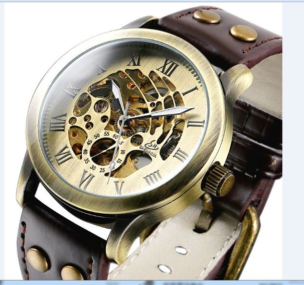 Orologio meccanico automatico scheletrato vintage da uomo con numeri romani, lancette luminose e cinturino in pelle - Resistente all'acqua, cassa in bronzo_voghion.com