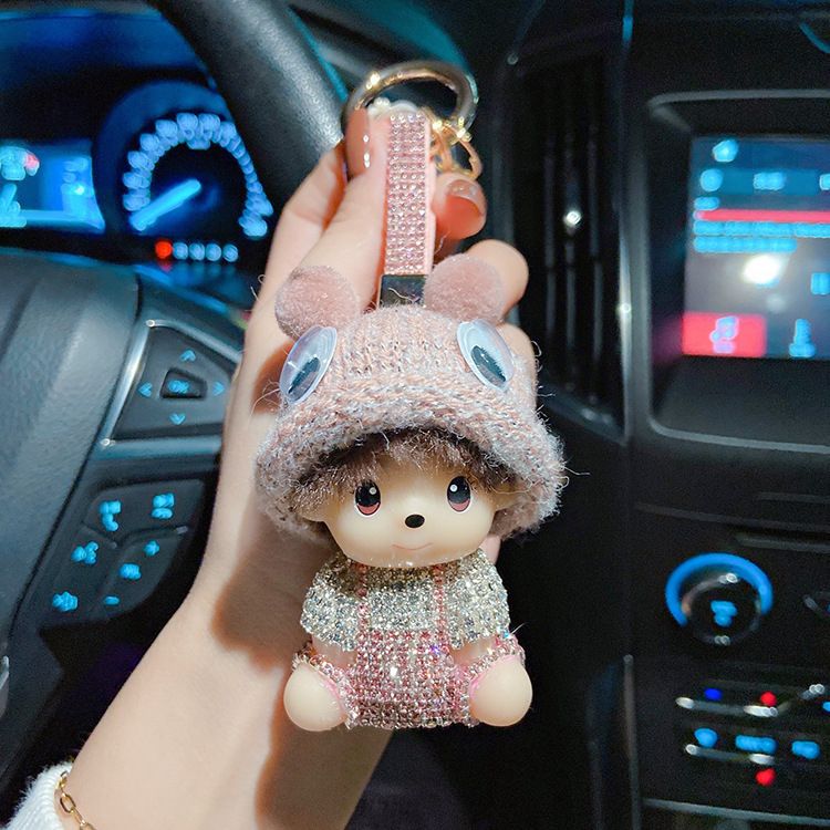 Kreativer, mit Strasssteinen besetzter Overall Kiki, süße weiche Puppe, Plüsch, Auto-Schlüsselanhänger, Geschenktüte, Anhänger_voghion.com