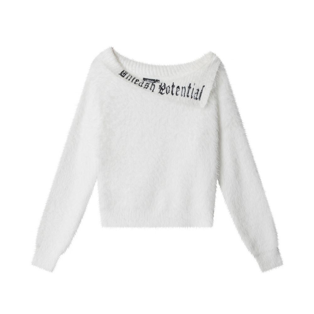 Women's Off-Shoulder Mohair Sweater Winter Knit Top Soft Cropped Pullover With Letter Embroidery_voghion.com