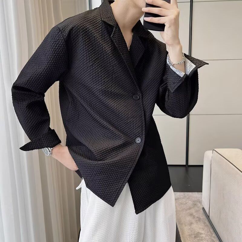 Camicia a nido d'ape di alta qualità da uomo, marchio americano alla moda, con scollo a V, ampia, a maniche lunghe, in tessuto jacquard, con colletto cubano_voghion.com