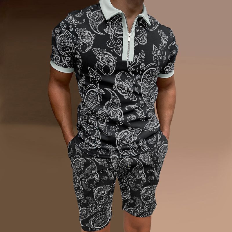 Men's Summer Tracksuits V-neck Short-Sleeve Zipper Polo Shirt Shorts 2pcs Sets Casual Streetwear Male Clothes Outfits478_voghion.com
