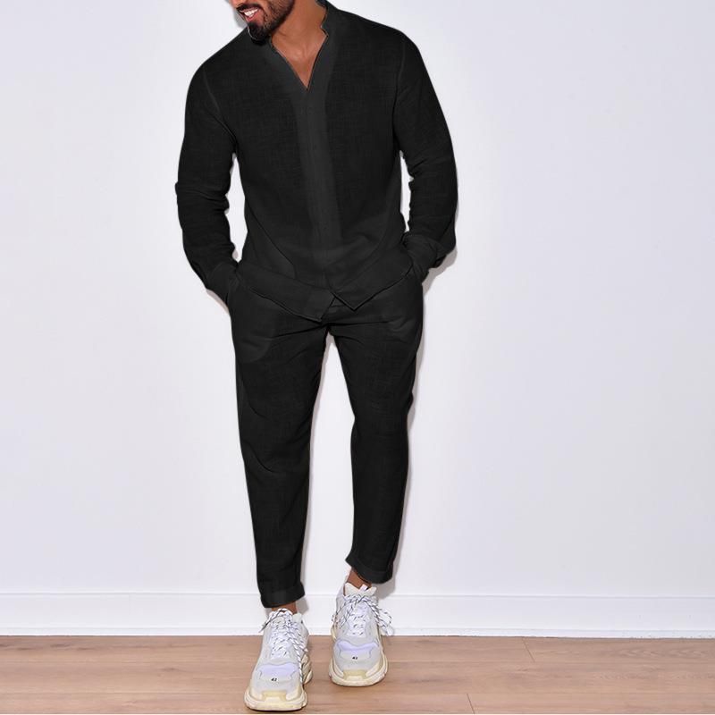 Herrenbekleidung Leinen Herbst Casual Anzug Langarm Mode Arbeitskleidung Hose_voghion.com