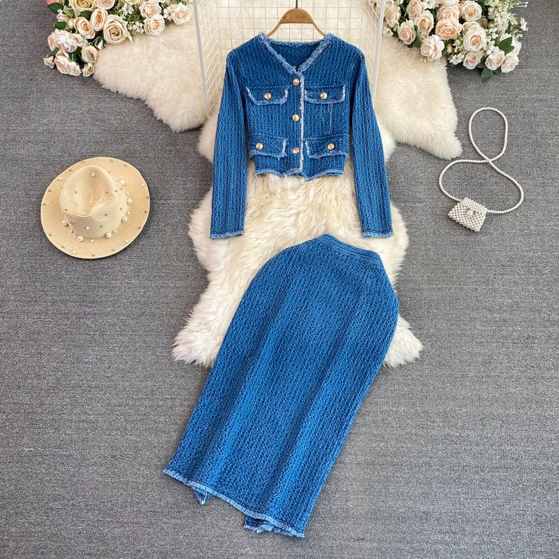 Abito alla moda da donna, temperamento retrò, giacca in denim con frange e scollo a V a maniche lunghe, set in due pezzi, gonna con spacco posteriore a vita alta_voghion.com