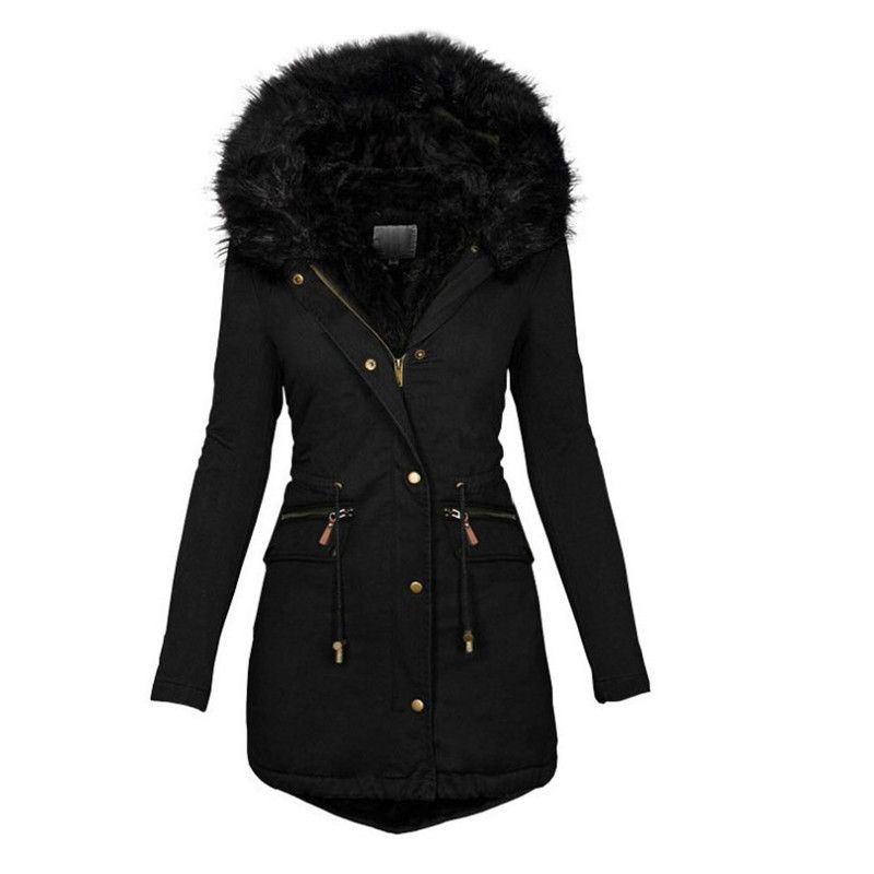 Vêtements pour femmes, couleur unie, col en fourrure, capuche, mi-long, épais, chaud, manteau en coton pour femmes_voghion.com