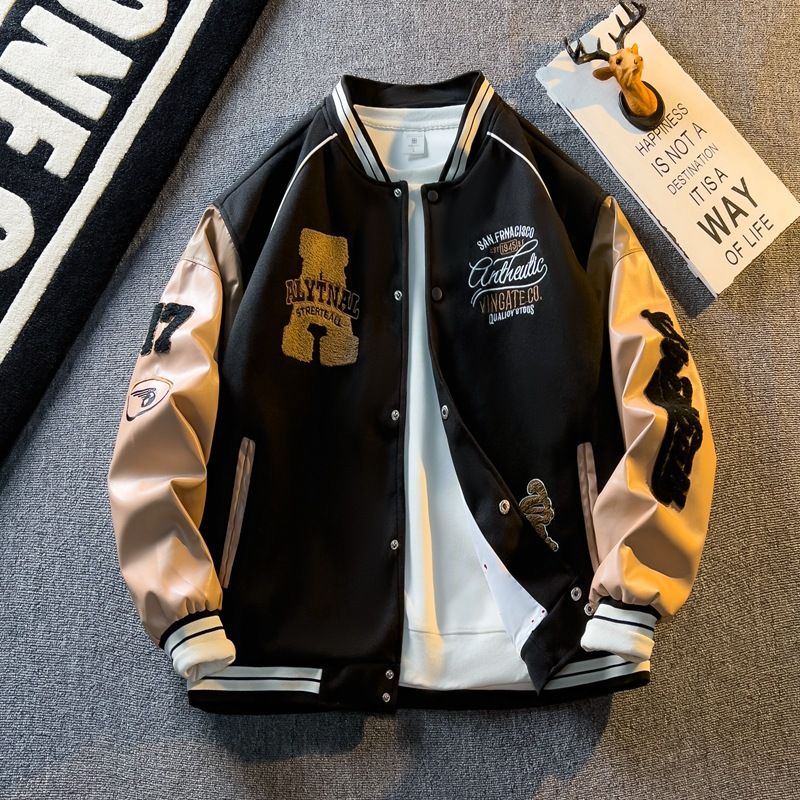 Spring And Contrast Color American Embroidered Leather Sleeve Coat Men's Korean Style Trend Baseball Suit Autumn Casual_voghion.com