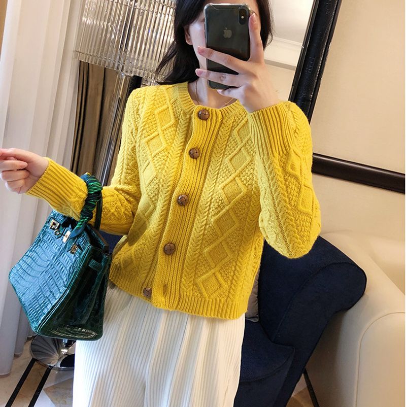 Pull torsadé pour femme, veste à col rond, couleur unie, cardigan tricoté pour femme_voghion.com