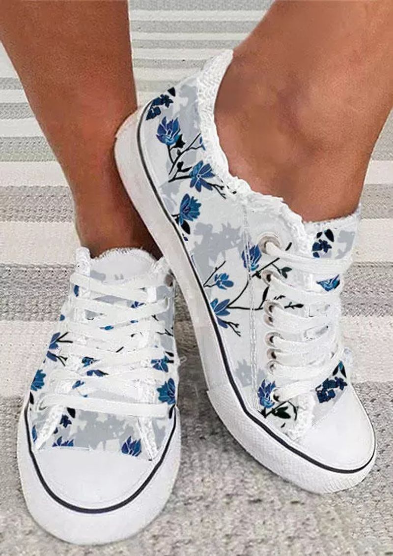 Chaussures pour femmes, grandes tailles, en toile imprimée, plates et décontractées, confortables, à lacets et à fleurs, pour le sport et le skateboard_voghion.com
