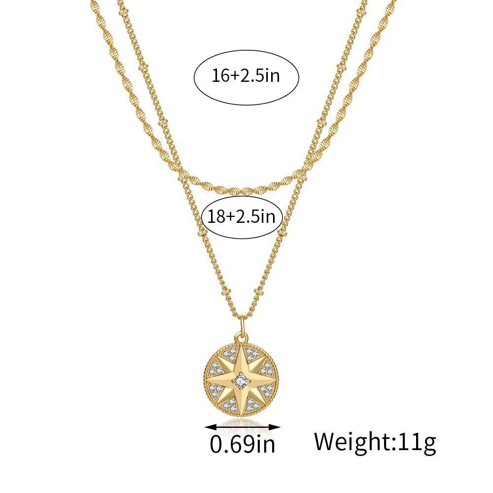 Zweilagige, abnehmbare Halskette mit achtzackigem Stern, schlichtes, farbechtes Goldketten-Set_voghion.com