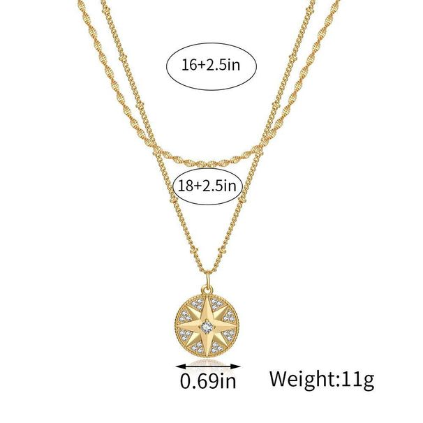 Zweilagige, abnehmbare Halskette mit achtzackigem Stern, schlichtes, farbechtes Goldketten-Set_voghion.com