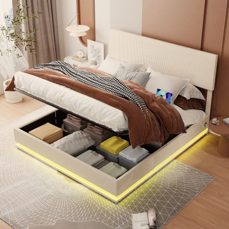 140x200cm Bettrahmen, Doppelbett Mit Stauraum Und Flachem Nudelrahmen, LED-Bettrahmen Mit USB-Ladefunktion, Staubettfunktion Bettrückbettrahmen, Samtbettrahmen (beige, 140x200cm)_voghion.com