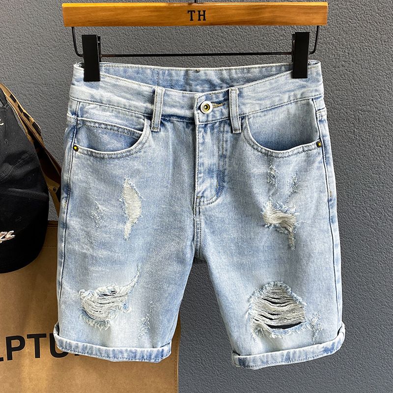 Herrenbekleidung Jeans-Shorts Herren Sommer Neue Lose Fünf-Punkte-Jeanshose im koreanischen Stil Trendy Reithose mit Löchern Casual Street Trend All Match Shorts Herren_voghion.com