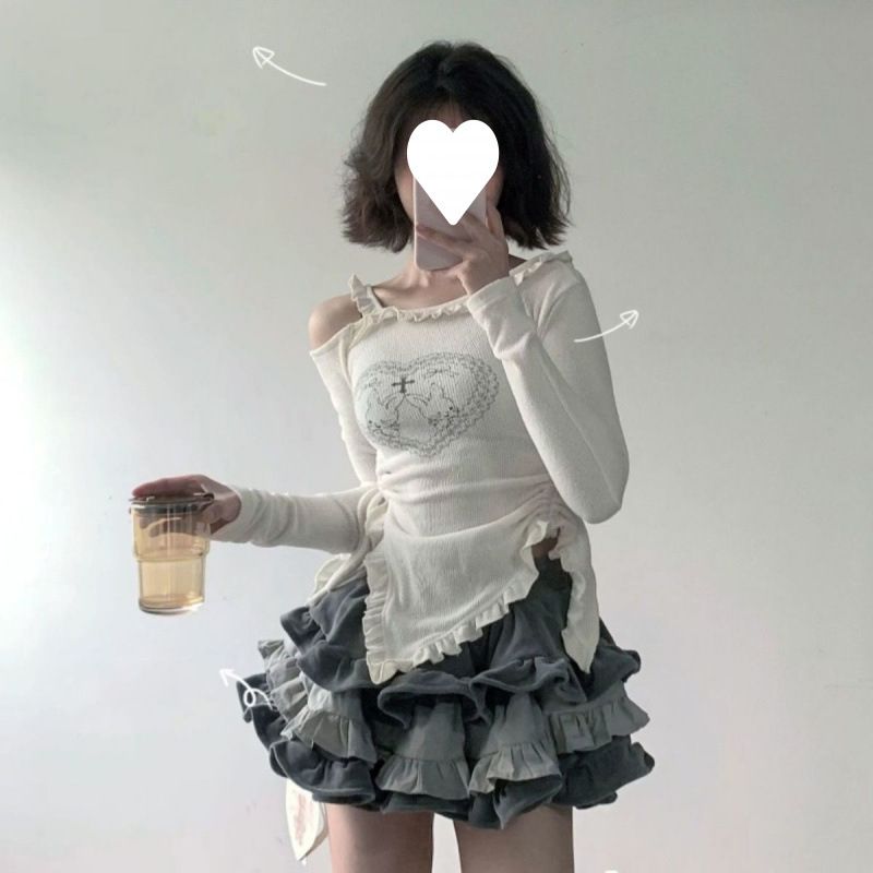 Winterkleid im süß-würzigen Stil, zweiteiliges Set, weibliche Atmosphäre, Oberteil mit hoher Taille, bauschiger Kuchenrock_voghion.com