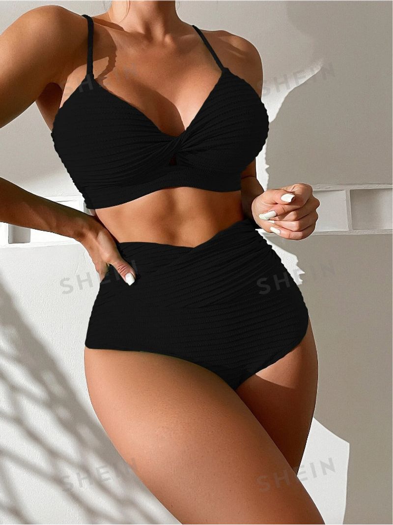 Traje de baño dividido de color sólido para mujer, conjunto de bikini de playa de cintura alta sexy fruncido_voghion.com
