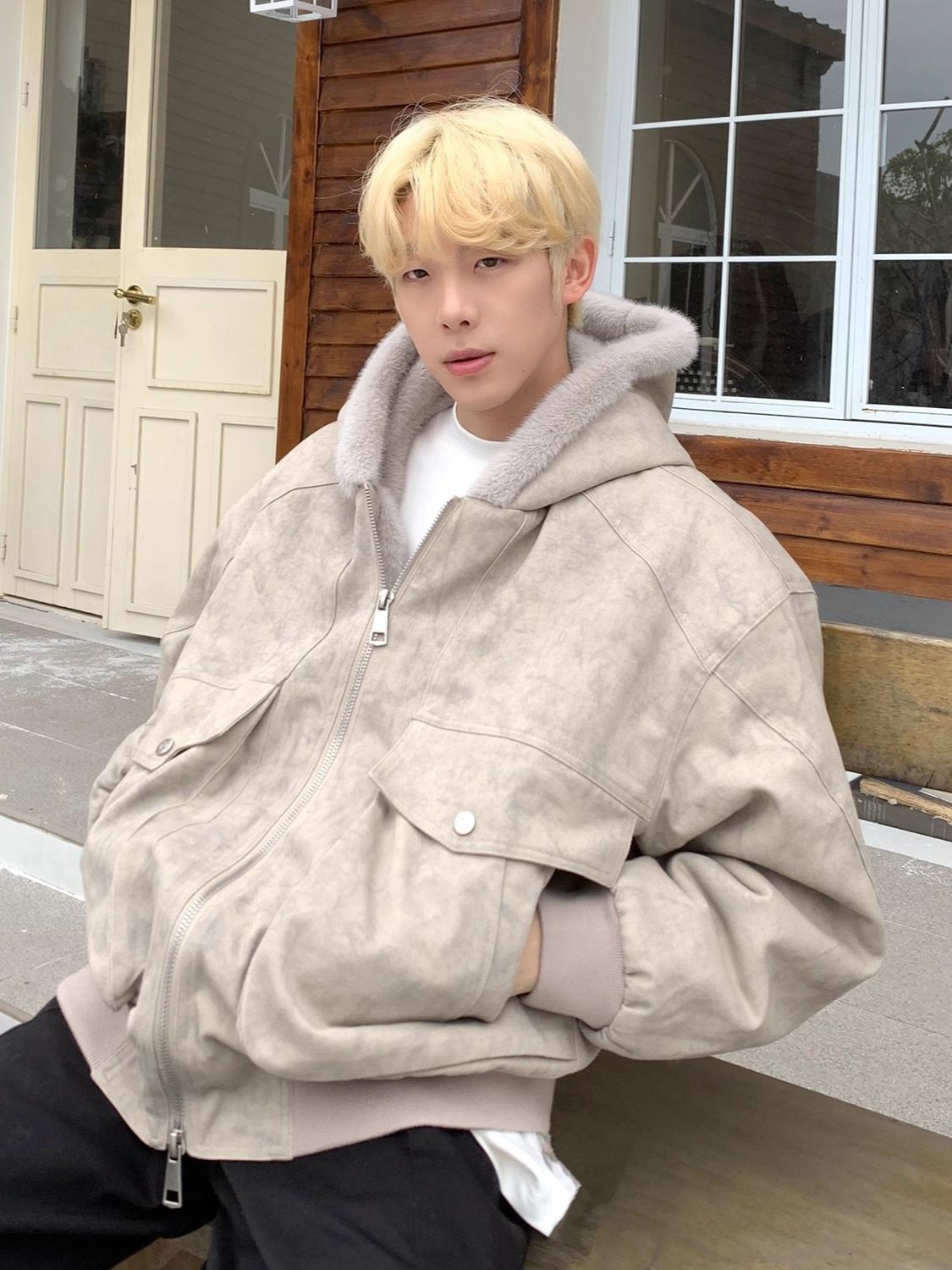 Men's Winter Hooded Puffer Jacket, Oversized Style, Retro Quilted Coat With Marble Print, Streetwear-Inspired Warm Outerwear_voghion.com