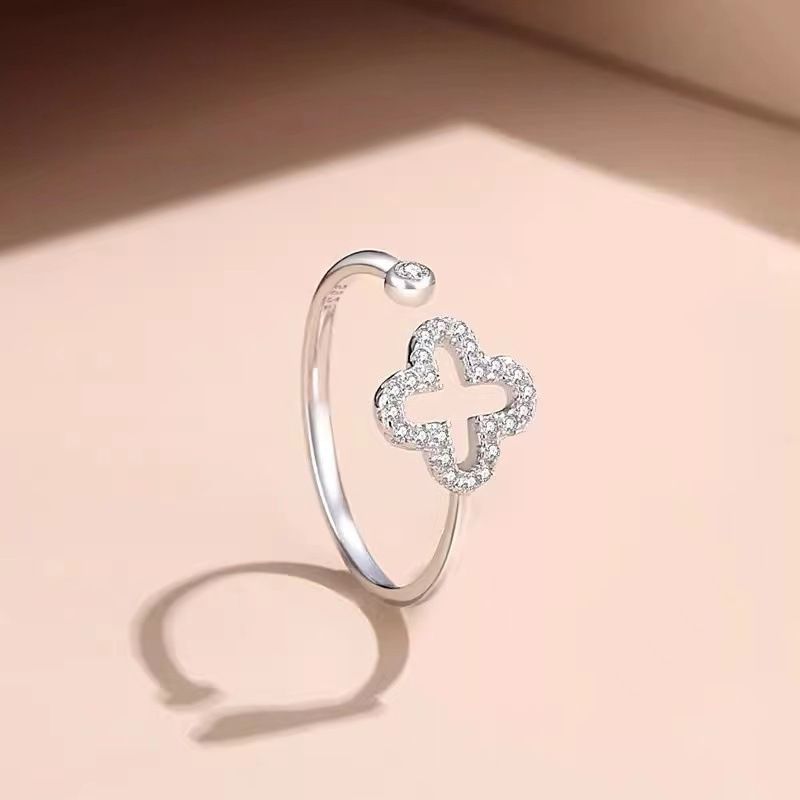 Κοίλο δαχτυλίδι τριφύλλι τεσσάρων φύλλων Θηλυκό ανοιχτό κόγχο πολυτελές λουλούδι ζιργκόν Δαχτυλίδι δάχτυλο Μοντέρνο φρέσκο ανοιχτό δαχτυλίδι_voghion.com